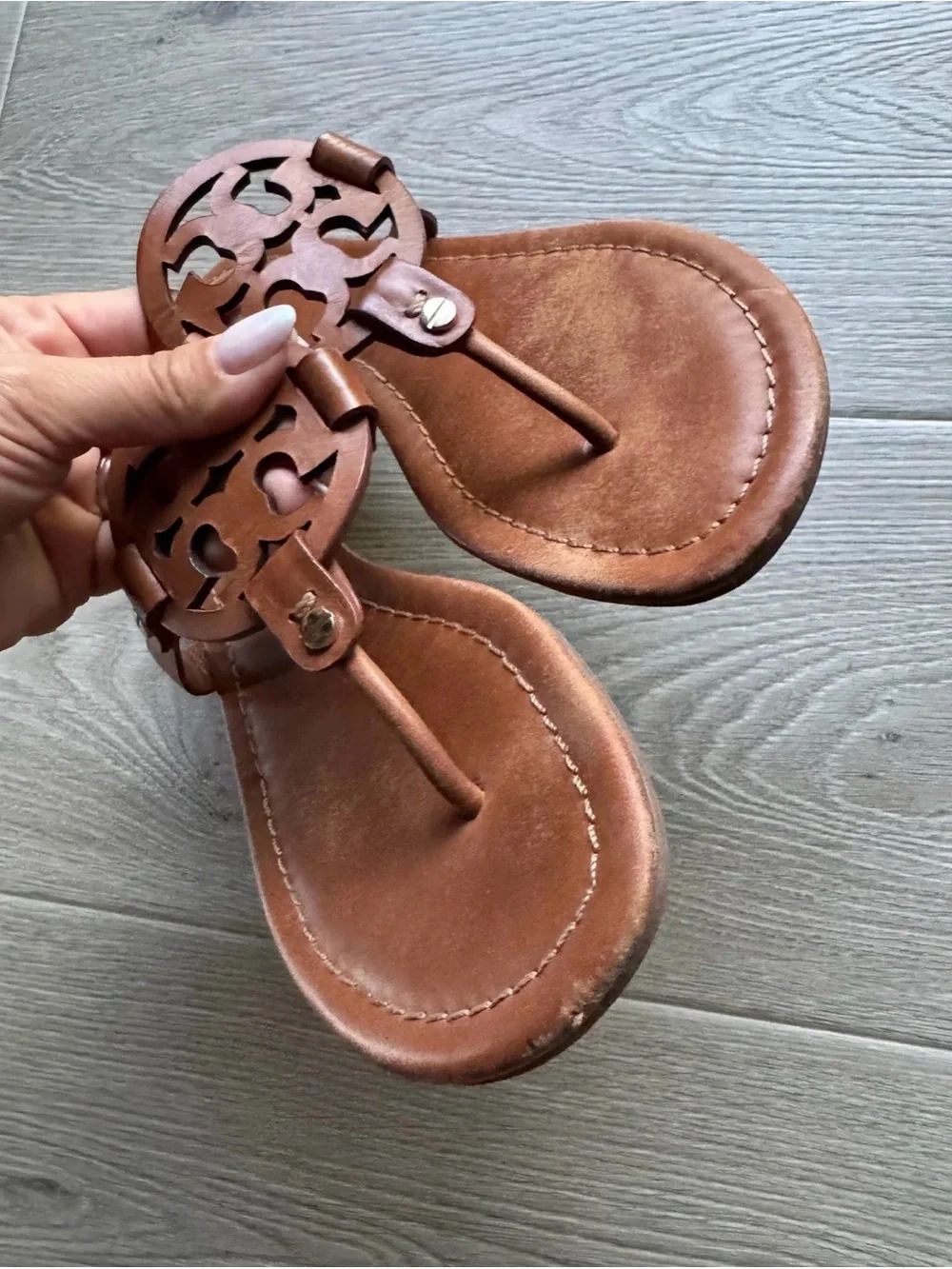 Tory Burch Brown Leather Logo Thong Sandals